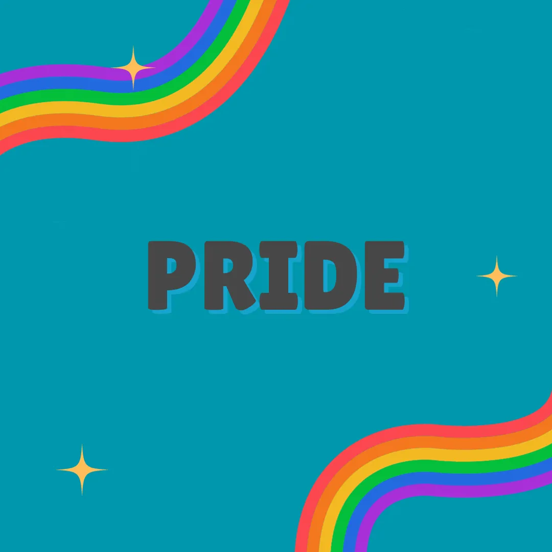 Rainbows and stars on teal background celebrating Pride